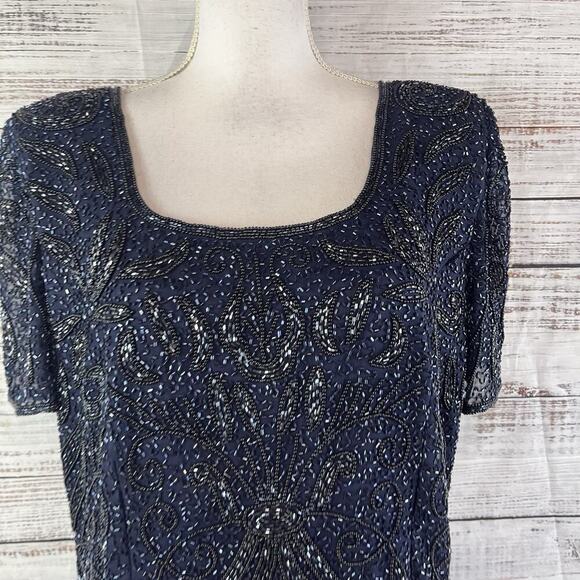 Stenay Dress size 14 Midnight Blue Satin Beaded Evening Wedding Formal Modest - Picture 6 of 16